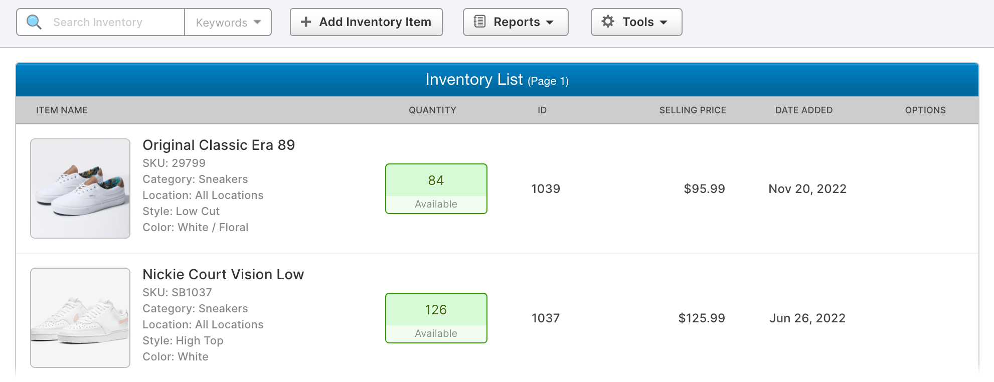 Inventory list view