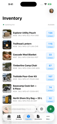 SalesBinder iPhone app showing the North & Pine inventory list with live stock availability
