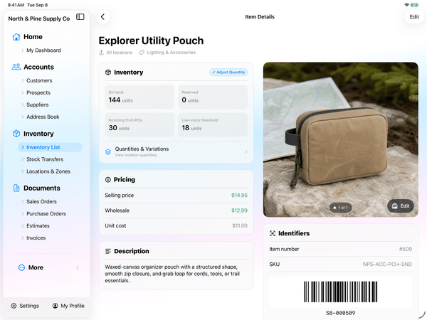 SalesBinder iPad app showing Explorer Utility Pouch stock, pricing, and item details