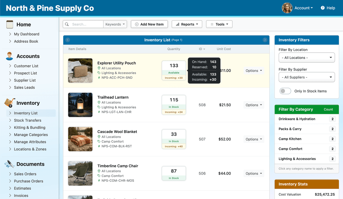 North & Pine Supply Co inventory in the SalesBinder web app